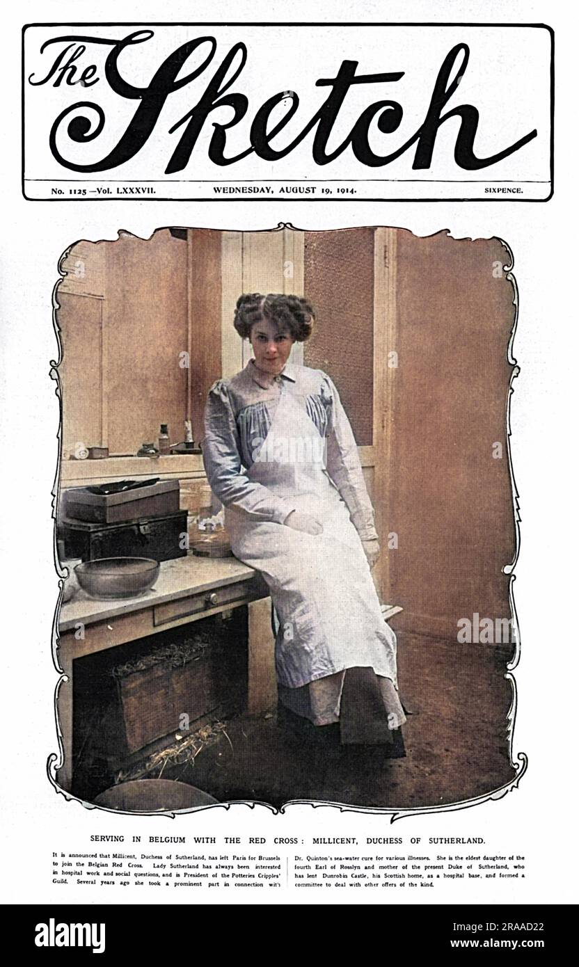 Millicent Fanny Sutherland-Leveson Gower- [née Millicent Fanny St clair-Erskine], duchesse de Sutherland (1867–1955), hôtesse et réformateur social, a présenté sur la couverture le magazine Sketch en 1914 dans un uniforme d'infirmière pour son travail avec la Croix-Rouge pendant la guerre. Ici elle est vue en Belgique, ayant rejoint la Croix-Rouge belge à l'été 1914. Date: 1914 Banque D'Images