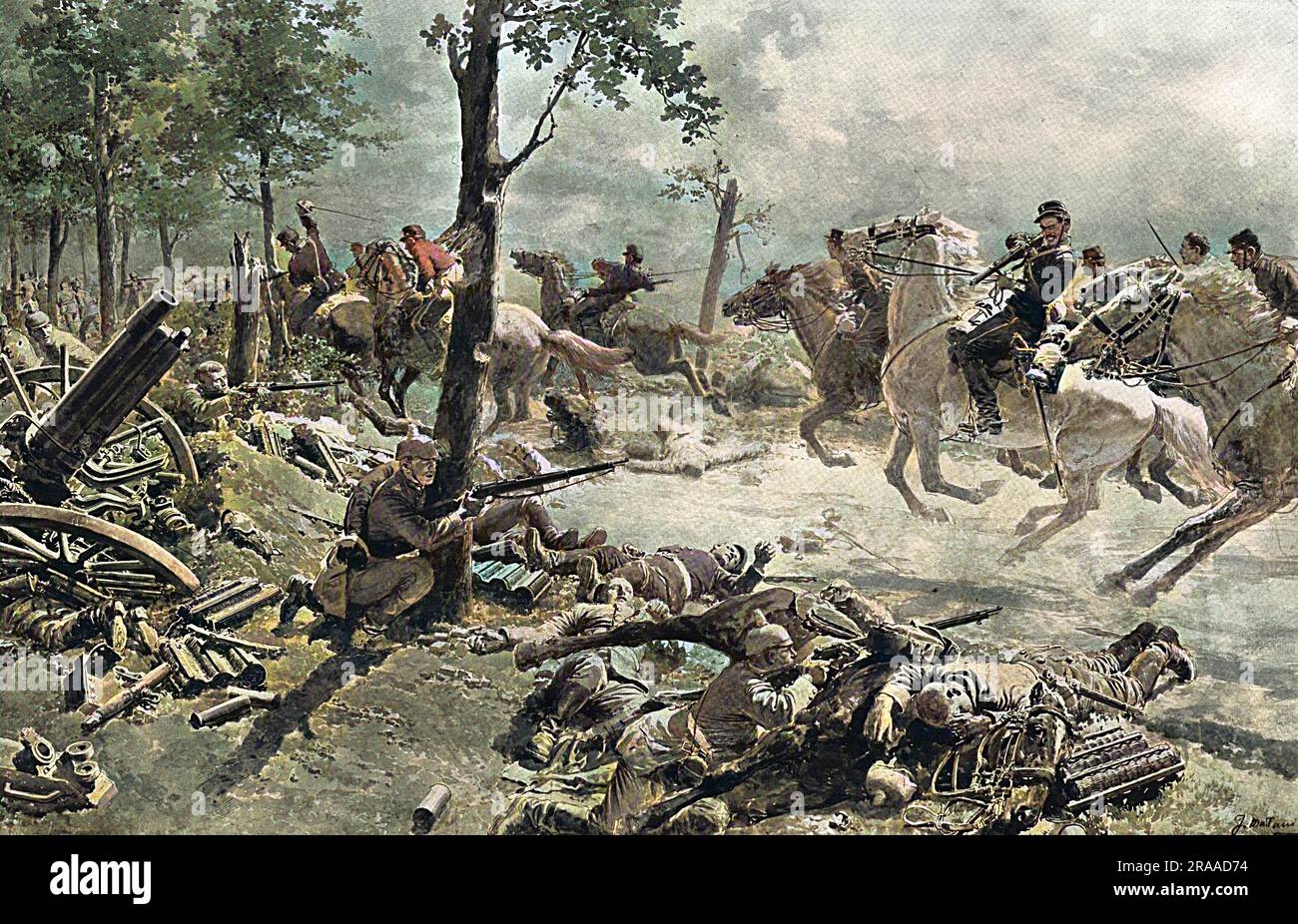 La charge de la cavalerie légère française contre les Allemands sur la route de Lassigny (un village entre Montvidier et Noyon en France) pendant la première Guerre mondiale. Date: 1914 Banque D'Images
