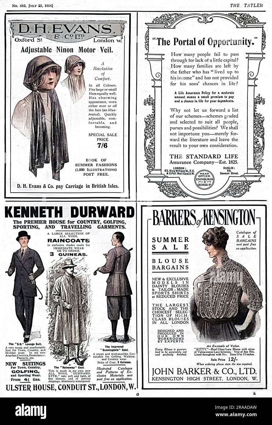 Une page de publicités du Tatler, datée du 22nd juillet 1914. D.H Evans réglable ninon Motor Veil, politique d'assurance vie de la Compagnie Standard Life, Kenneth Durward manteaux et Barkers de Kensington Bargain blouse caractéristique de vente. Date : 22nd juillet 1914 Banque D'Images