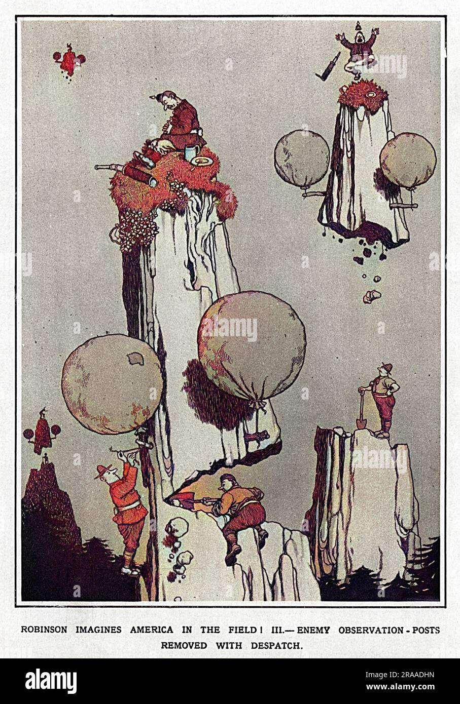 Inventions de guerre - pas nécessaire maintenant! William Heath Robinson imagine l'Amérique sur le terrain 3. Les postes d'observation ennemis ont été supprimés lors de l'envoi. Date: 1918 Banque D'Images