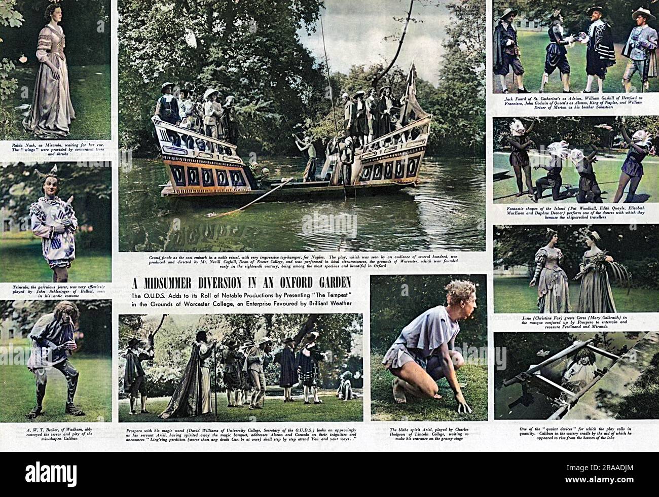 Une diversion en milieu d'été dans un jardin d'Oxford : la société de théâtre de l'université d'Oxford a produit le Tempest de Shakespeare dans le domaine de Worcester College, 1949. La pièce, produite et dirigée par M. Nevill Coghill (doyen de l'Exeter College), a présenté une utilisation ingénieuse du lac de l'université, et a été favorisée avec un temps brillant. Date: 1949 Banque D'Images