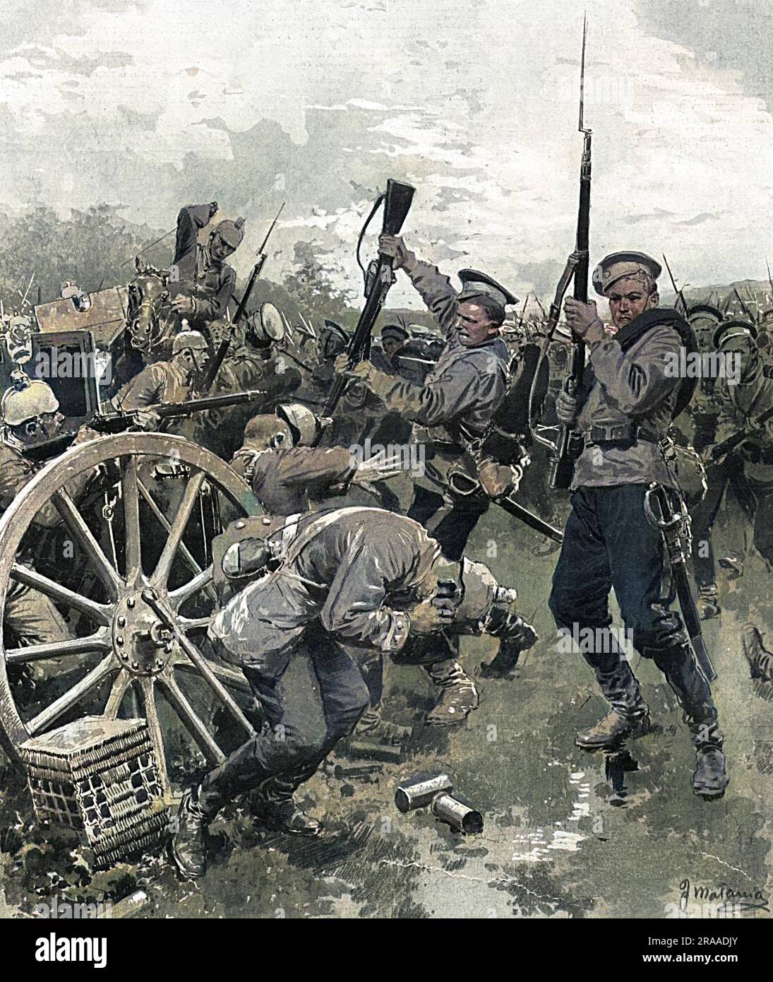 En Prusse orientale, entre Korschen et Bartenstein, une charge à baïonnette russe a un effet dévastateur sur les forces allemandes. Date : 26 août 14 Banque D'Images