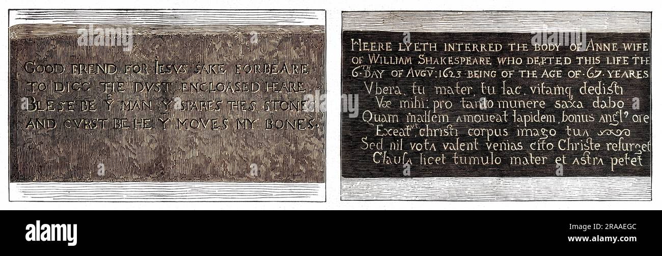 Inscriptions sur les tombes de Shakeapeare et de sa femme dans l'église de la Sainte Trinité, Stratford-on-Avon. Date: 1564 - 1616 Banque D'Images