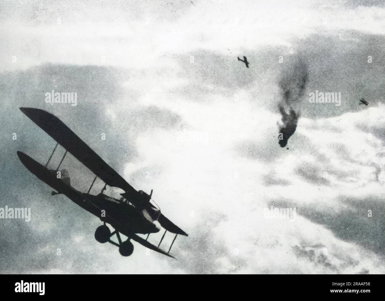 Un ballon français abattu par un avion allemand pendant la première Guerre mondiale. L'avion au premier plan est un Albatros C.V/17 (modèle 1917) avec les plans principaux inférieurs elliptiques (très probablement un montage avec l'Albatros ajouté plus tard). Date: 1917-1918 Banque D'Images