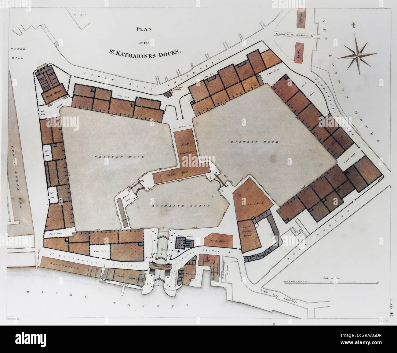 Un plan de la rue Katherines Docks dans le quartier londonien de Tower Hamlets, sur le côté nord de la Tamise. Ce quai était l'un des principaux quais commerciaux desservant la ville de Londres. Date: 1838 Banque D'Images