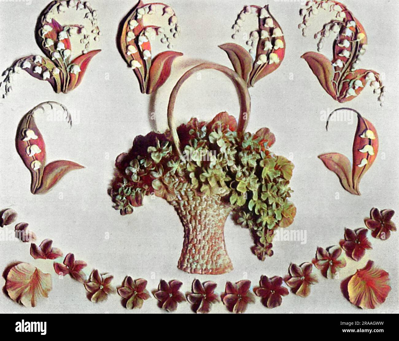 Motif gâteau, fleur. Lily de la Vallée, feuilles de Violet, Panier de Violets Date: 1936 Banque D'Images