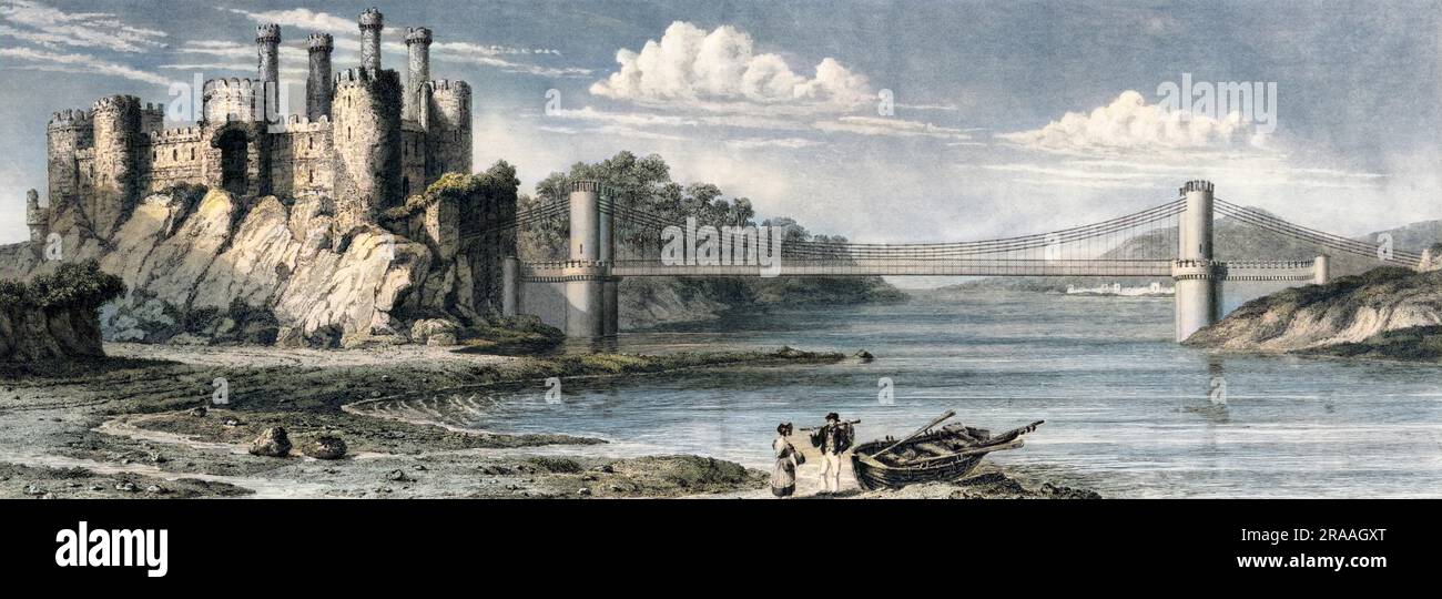 Château de Conway (Conwy) et pont suspendu dans le nord du pays de Galles. Le pont a été conçu par Thomas Telford et terminé en 1826. Le château date du 13th siècle. Date: 1838 Banque D'Images