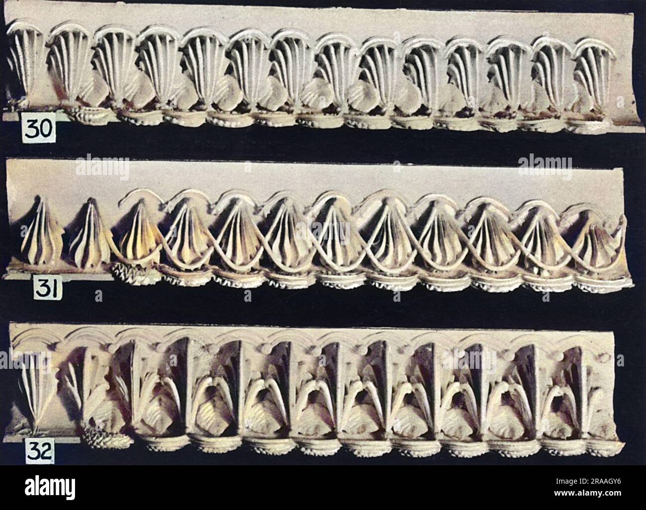 Motifs bordure à gâteau et volute latérale. (30) bordure de coque inversée, (31) coque verticale avec treillis, pour base, (32) bordure inférieure, coque inversée avec spirale. Date: 1936 Banque D'Images
