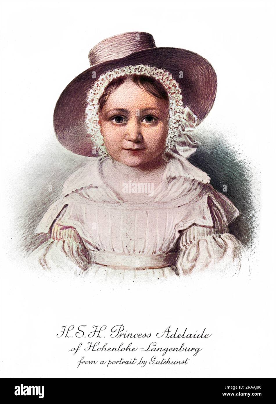 La princesse Adelheid (Adelaide) de Hohenlohe-langenbourg (1835-1900), nièce de la reine Victoria est la fille de la demi-sœur de Victoria, née Princesse de Leiningen et Ernst I, Prince de Hohenlohe-langenbourg. Après une proposition de mariage par l'empereur français Napoléon III en 1852, elle a ensuite épousé Frederik VIII, Duc de Schleswig-Holstein en 1856 avec qui elle a eu sept enfants. Date : 1836 Banque D'Images