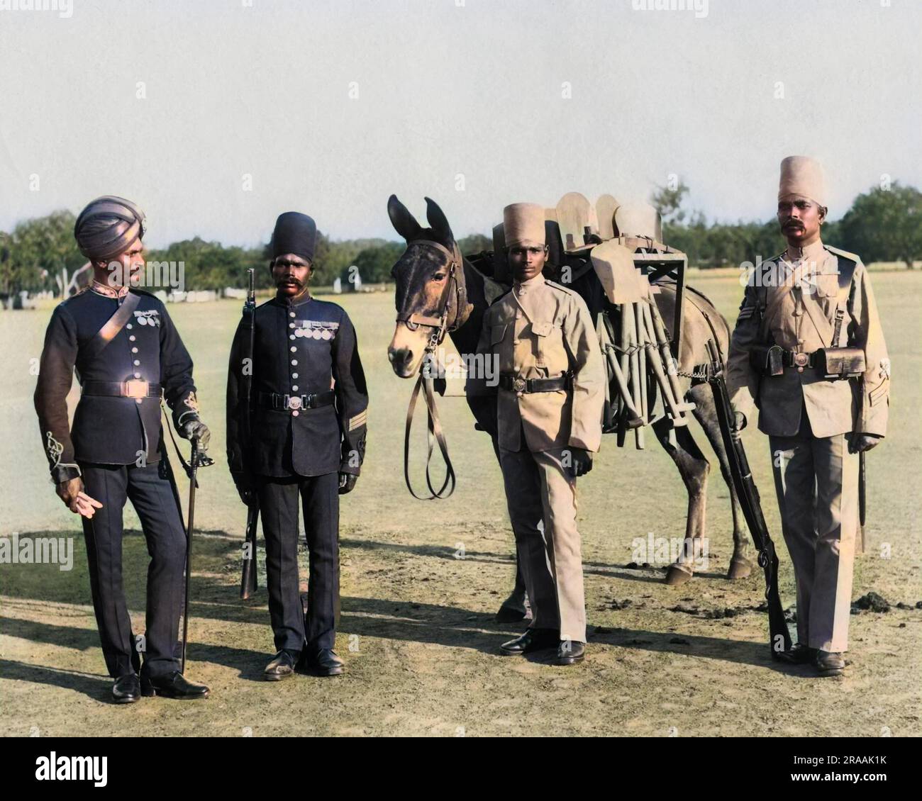 Quatre soldats autochtones et une mule, Inde. Date: Vers 1890s Banque D'Images