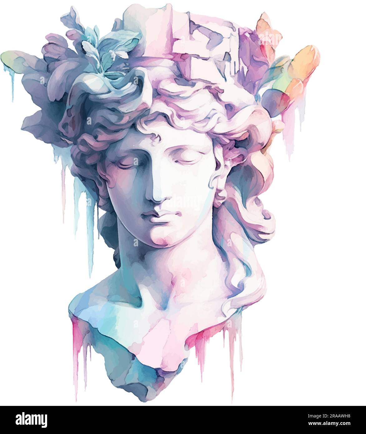 Art contemporain avec illustration d'aquarelle de tête de statue antique. Œuvre d'art de l'ère de l'excitation. Illustration du dessin à la main période de Illustration de Vecteur