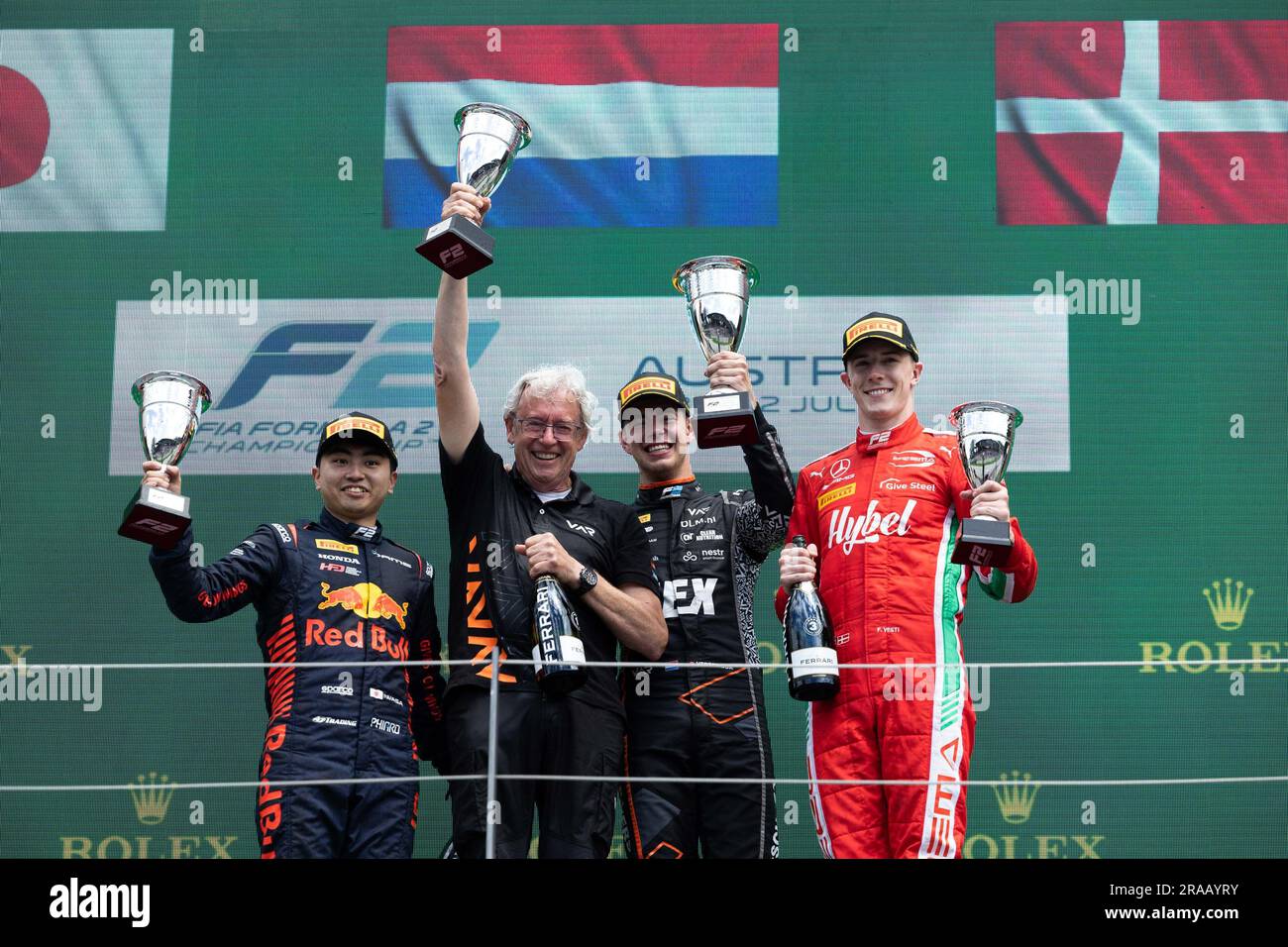 IWASA Ayumu (jpn), DAMS, Dallara F2, VERSCHOOR Richard (nld), Van Amersfoort Racing, Dallara F2, VESTI Frederik (dnk), course de Prema, Dallara F2, portrait lors de la manche 7th du Championnat de Formule 2 de la FIA 2023 de 30 juin à 2 juillet 2023 sur l'anneau de taureau rouge, à Spielberg, en Autriche Banque D'Images