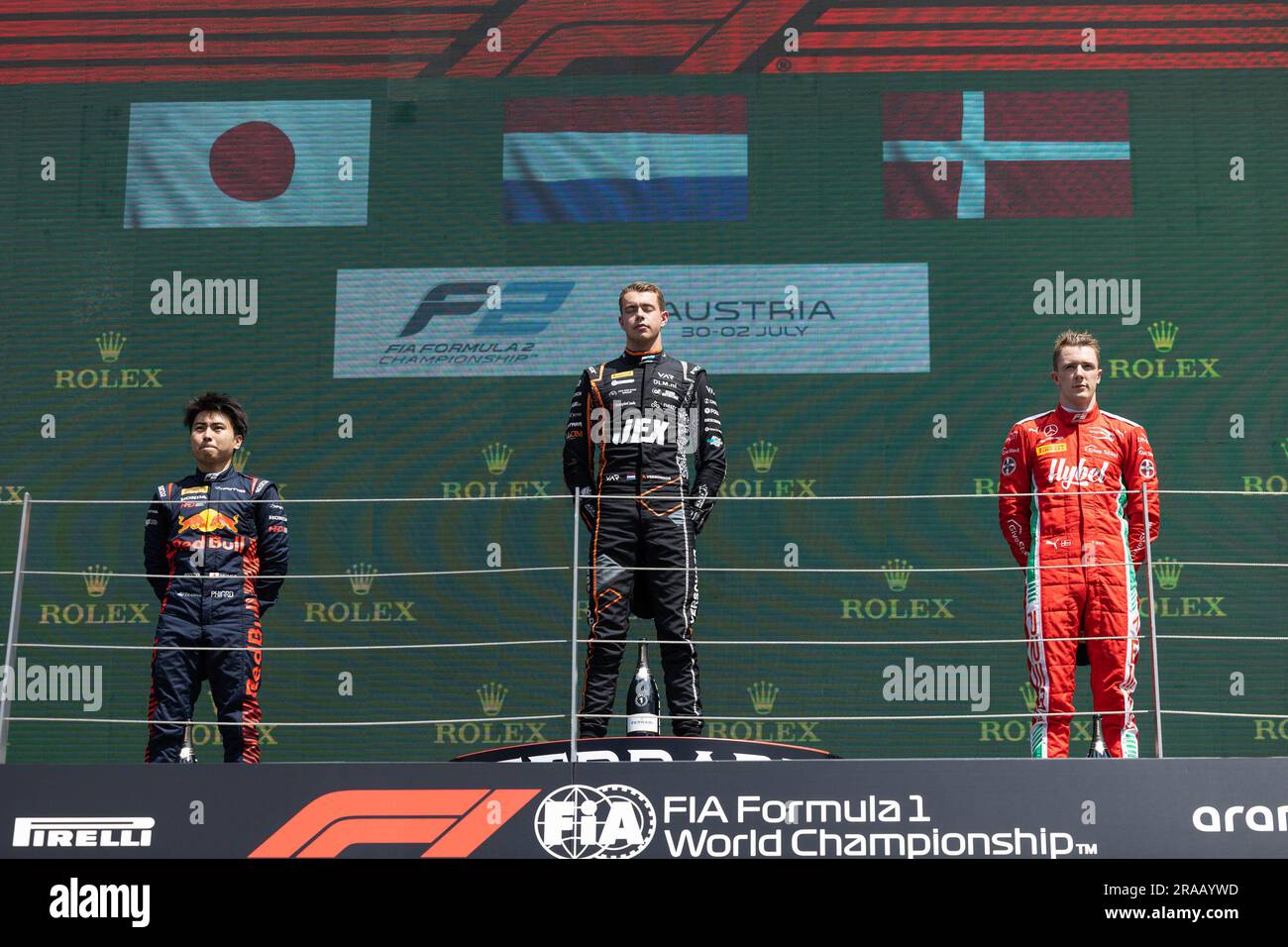 IWASA Ayumu (jpn), DAMS, Dallara F2, VERSCHOOR Richard (nld), Van Amersfoort Racing, Dallara F2, VESTI Frederik (dnk), course de Prema, Dallara F2, portrait lors de la manche 7th du Championnat de Formule 2 de la FIA 2023 de 30 juin à 2 juillet 2023 sur l'anneau de taureau rouge, à Spielberg, en Autriche Banque D'Images