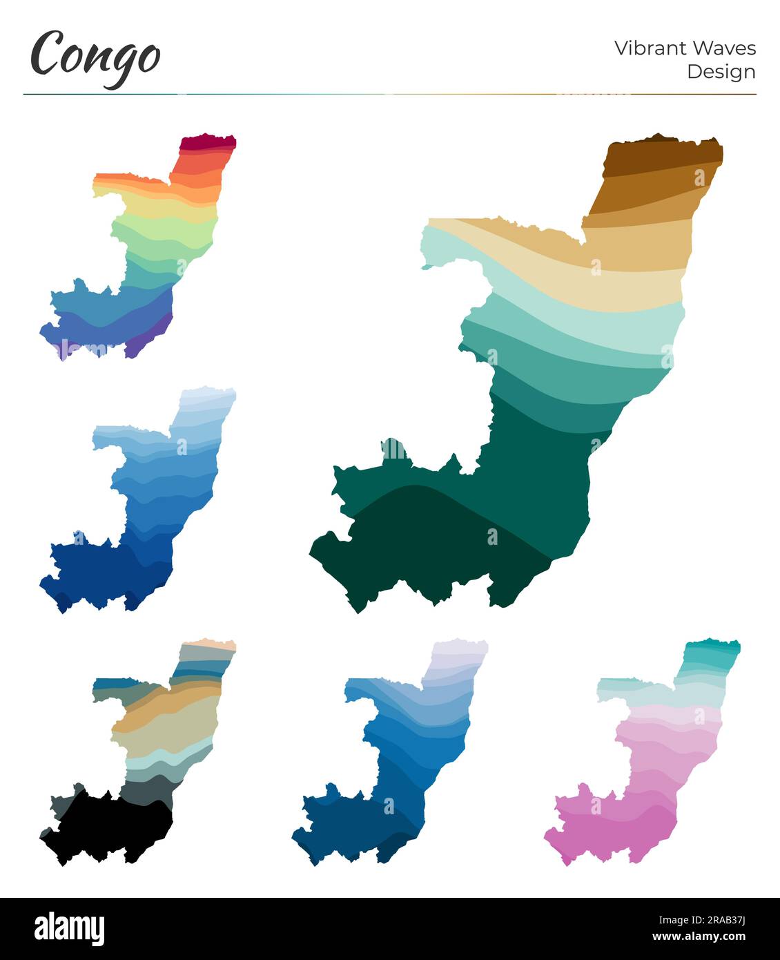 Ensemble de cartes vectorielles du Congo. Motif vagues éclatantes. Carte lumineuse du pays dans le style des courbes lisses géométriques. Carte multicolore Congo pour votre conception. Illustration de Vecteur