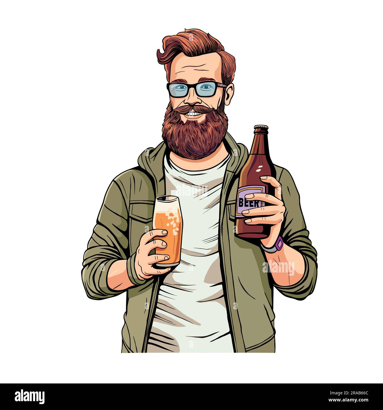 Homme à barbe gai tenant un verre de bière et une bouteille. Illustration de Vecteur