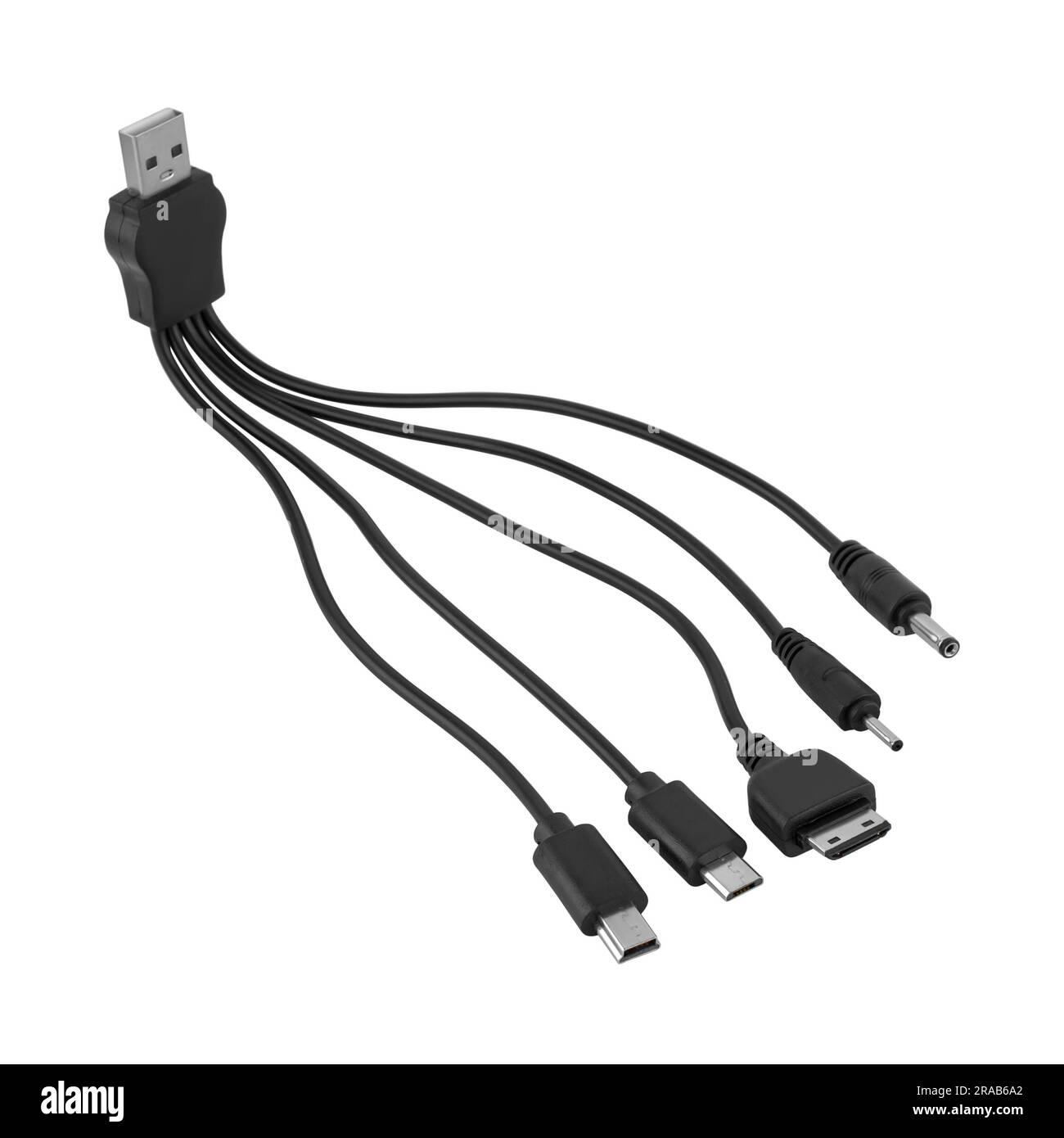 Câble adaptateur universel entre le connecteur USB et les connecteurs micro USB, mini-USB et autres connecteurs, fond blanc dans l'isolation Banque D'Images