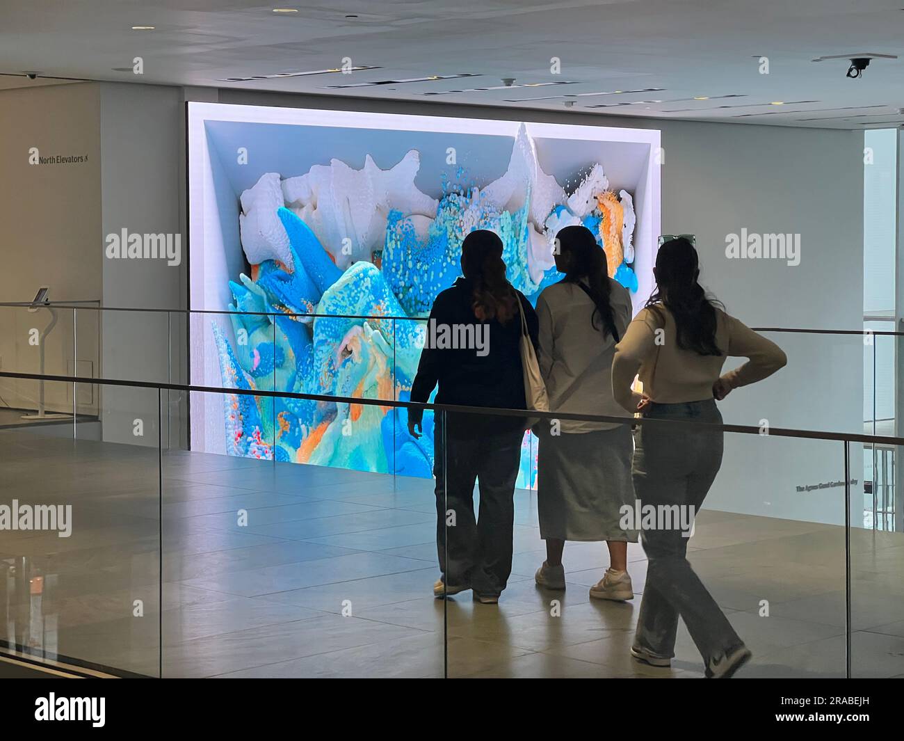 Refik Anadol : Unsupervised : Unsupervised présente une œuvre d’art numérique qui se déploie en temps réel, générant continuellement de nouvelles formes surprenantes qui enveloppent les spectateurs dans une installation à grande échelle. Tout le matériel provient de la collection d'art MoMA. Hall du Museum of Modern Art, New York. Banque D'Images