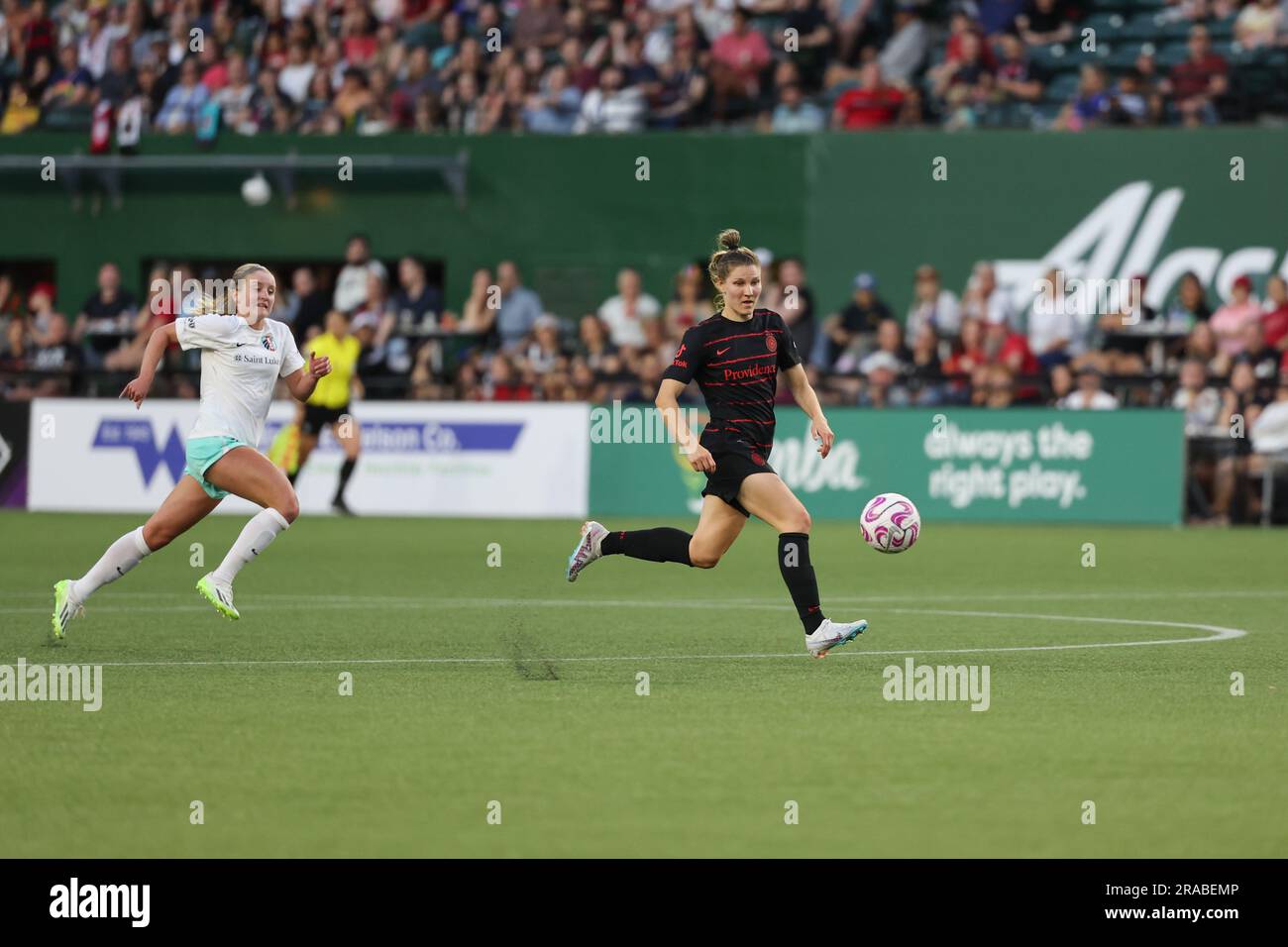 1 juillet 2023 ; Portland, Oregon, États-Unis ; Match NWSL entre le Portland Thorns FC et le Kansas City Current à Providence Park. (Photo : Al Sermeno) Banque D'Images