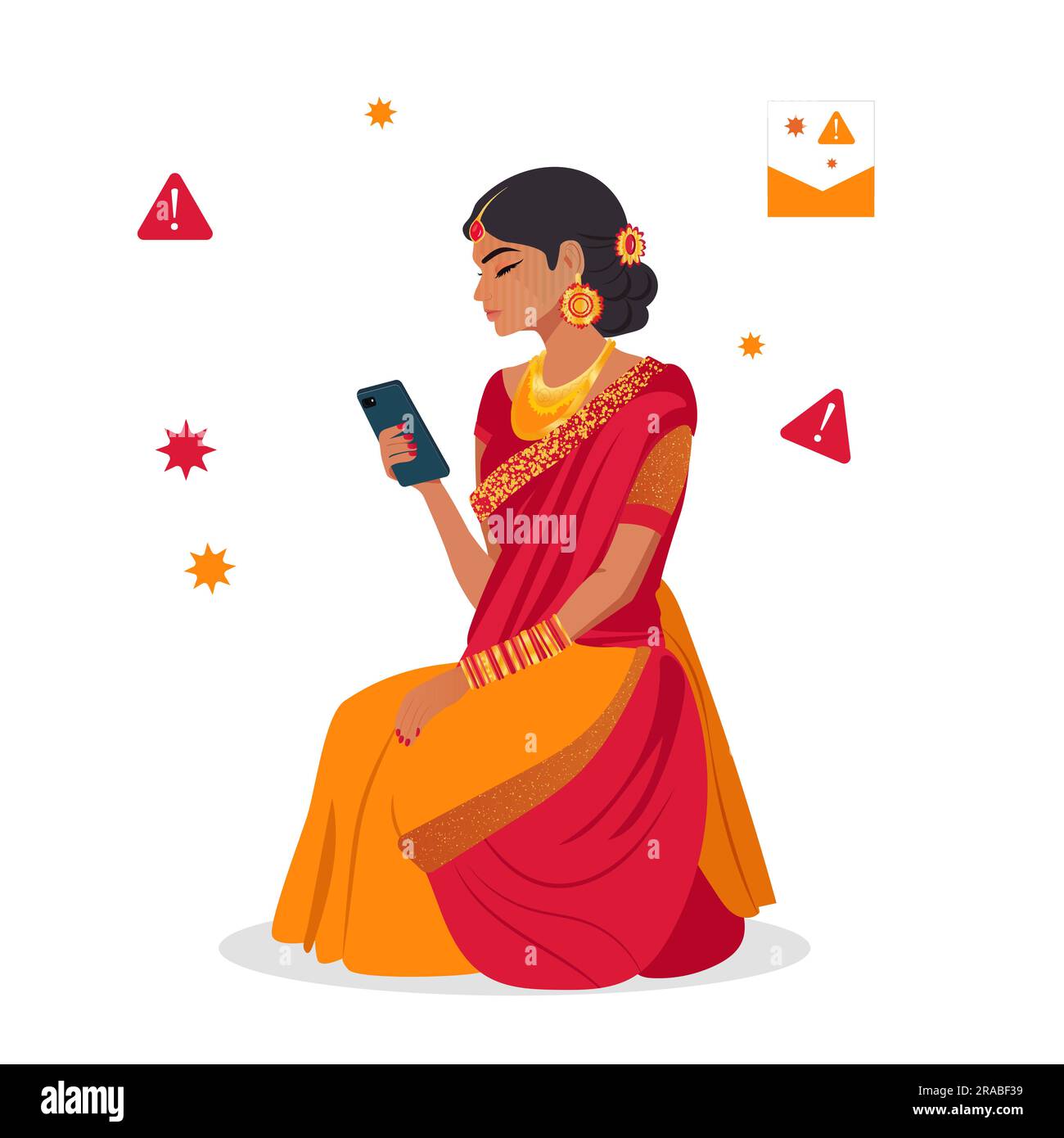 Une femme indienne regarde son téléphone. Elle a beaucoup de messages indésirables sur son téléphone cellulaire. Illustration vectorielle de style conception plate. Illustration de Vecteur