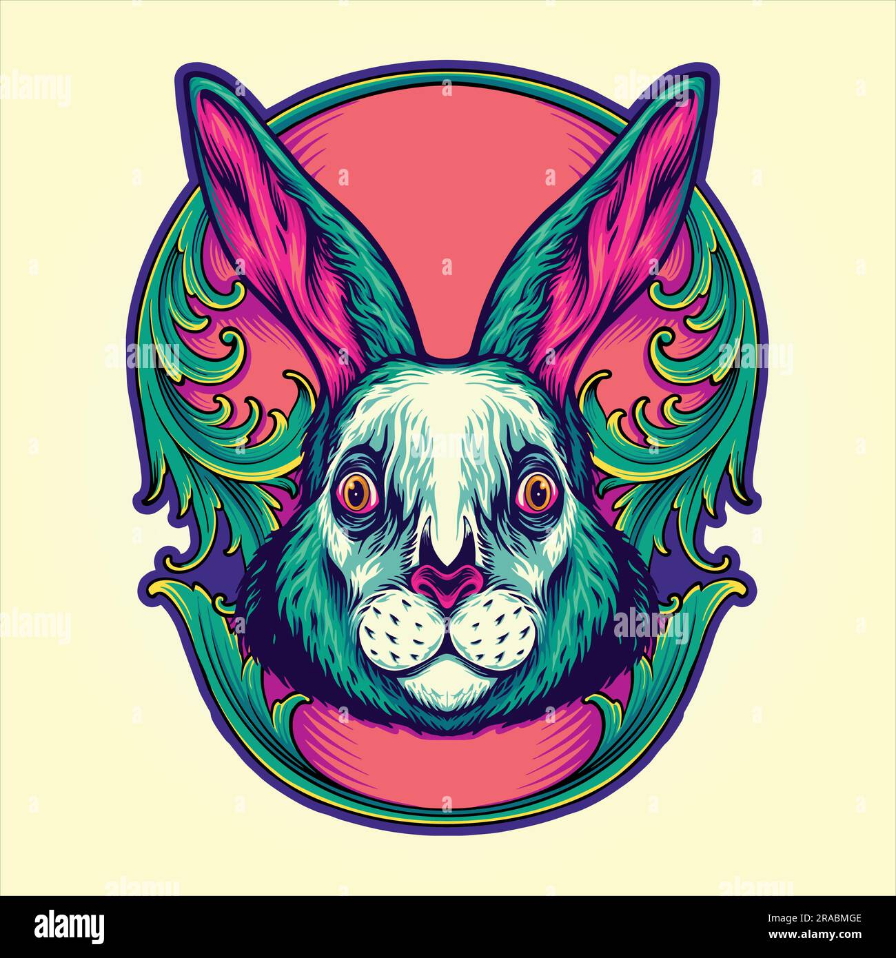 Tête de lapin fantaisiste dans des illustrations vectorielles de cadre gravé antique pour votre logo de travail, t-shirt de marchandise, autocollants et dessins d'étiquettes, affiche, Illustration de Vecteur