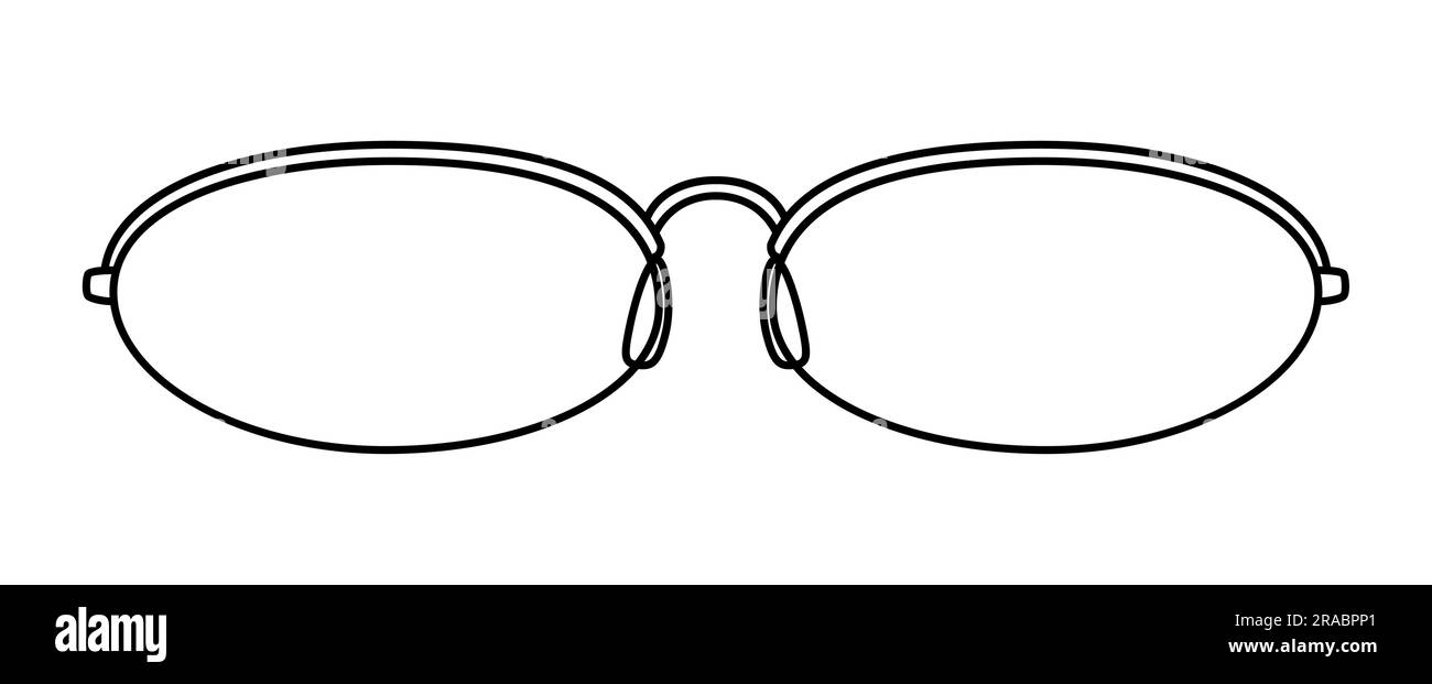 Illustration de l'accessoire de mode à monture ovale étendue. Lunettes de soleil vue de face pour hommes, femmes, unisexe style silhouette, rebord plat lunettes de vue avec contour de style d'esquisse de lentille isolé sur blanc Illustration de Vecteur