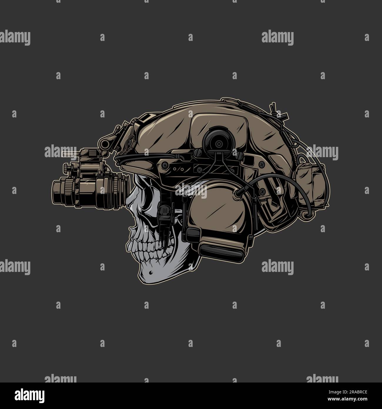 crâne soldat et nvg sur casque dans le fond gris foncé Illustration de Vecteur