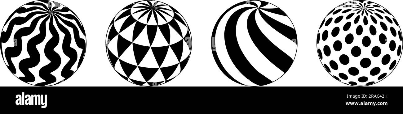 Collection de sphères avec différentes répétitions. Ensemble de 3D balles à rayures, à pois et ondulées. Éléments géométriques en noir et blanc pour les modèles de conception, les icônes et le logo. Pack Abstract Vector globes Illustration de Vecteur