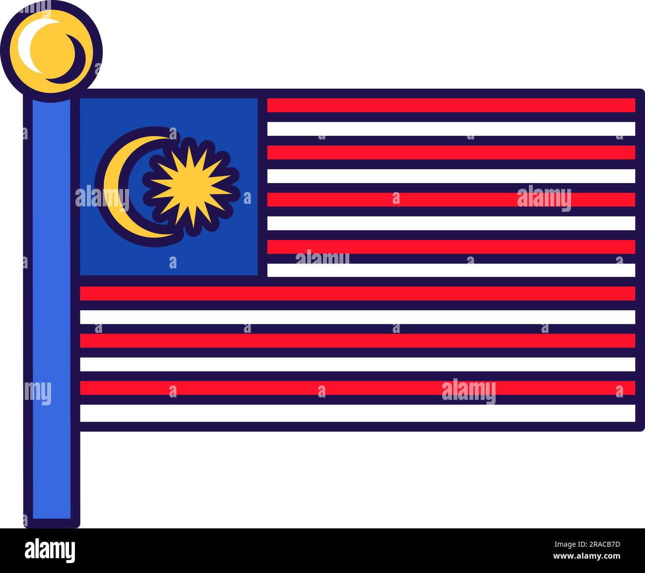 Drapeau de la nation de la Malaisie sur le vecteur de flagpole. Bandes horizontales rouges et blanches, croissant jaune et étoile sur champ bleu. Patriotique symbolique de l'indep Illustration de Vecteur