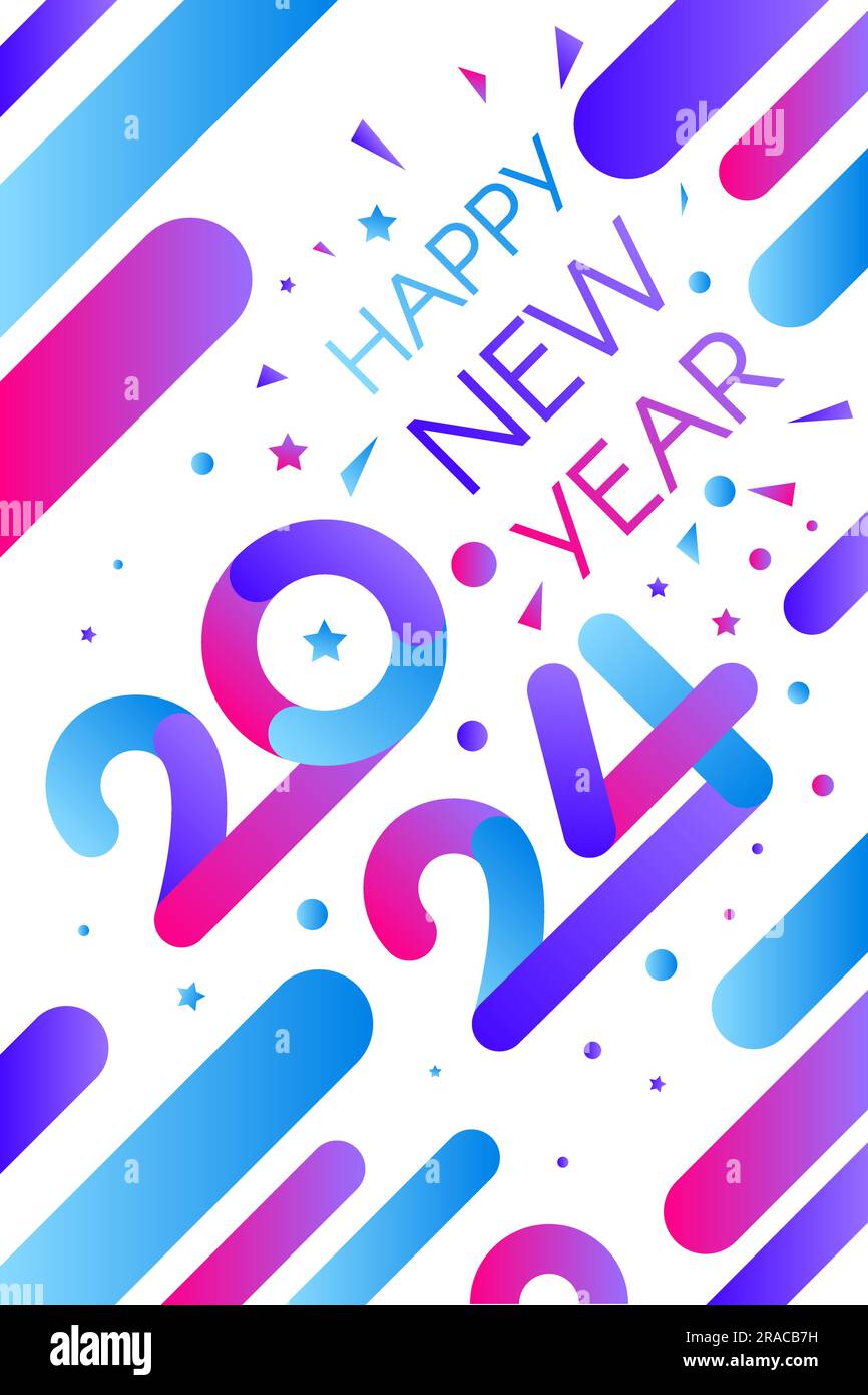 Affiche verticale Happy 2024 New Year A4 Holiday Night Party en dégradés rose bleu avec 2024 et inscription Happy New Year sur fond blanc. Modèle pour Illustration de Vecteur