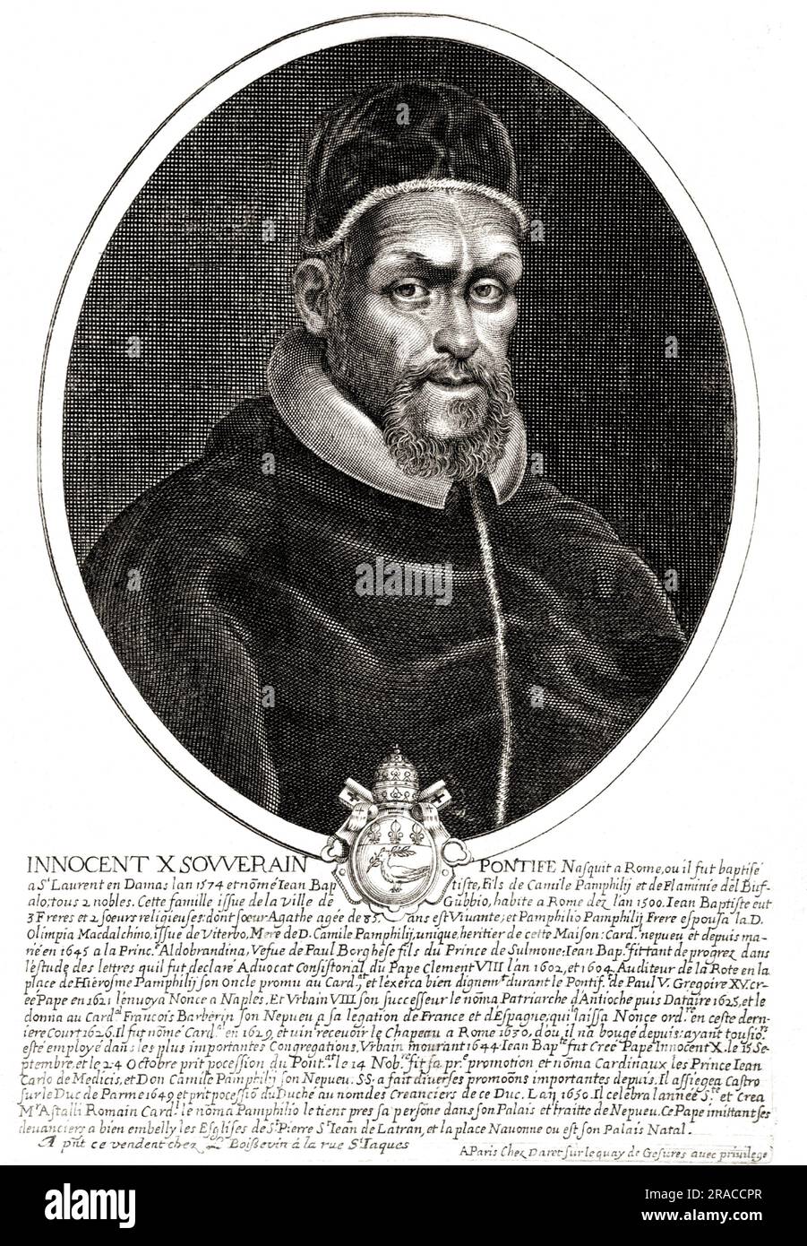 1640 CA , ROMA , ITALIE : le Pape INNOCENZO X ( Pamphili , 1574 – 1655 ) né prince Giovanni Battista Pamphili . A été pape de 1644 à sa mort 1655 . Était le 236 ème Pape de l'Église catholique . Portrait du graveur inconnu , pubblié à Paris par Daret , XIX siècle . - Innocentius - innocent - Papam - PAPA - RELIGIONE CATTOLICA - RELIGION CATHOLIQUE - ritrato - portrait - incisione - illustration - illustrazione - CITÉ DU VATICAN - VATICANO - BAROCCO - BAROQUE - HISTOIRE - FOTO STORICHE --- Archivio GBB Banque D'Images