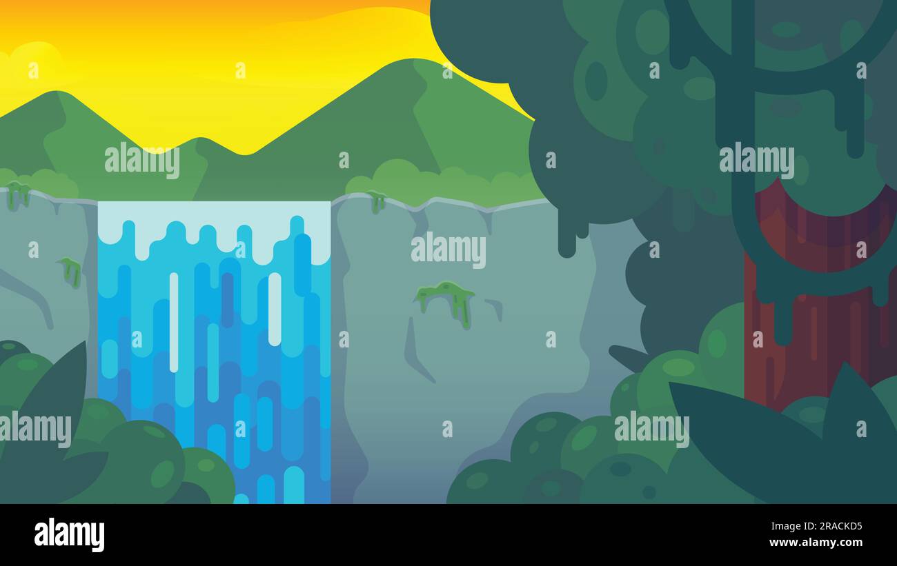 Cascade dans la jungle tropicale. scène forestière avec des feuilles vertes, des plantes exotiques, des montagnes et une belle cascade. illustration vectorielle Illustration de Vecteur