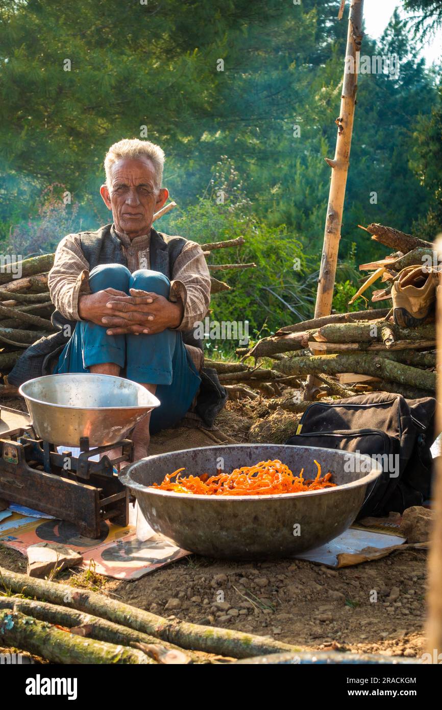 28 juin 2023 Uttarakhand, Inde. Un vieil homme de la région qui vend Jalebis (Sweet dish indien) lors d'un festival de foire (mela). Banque D'Images