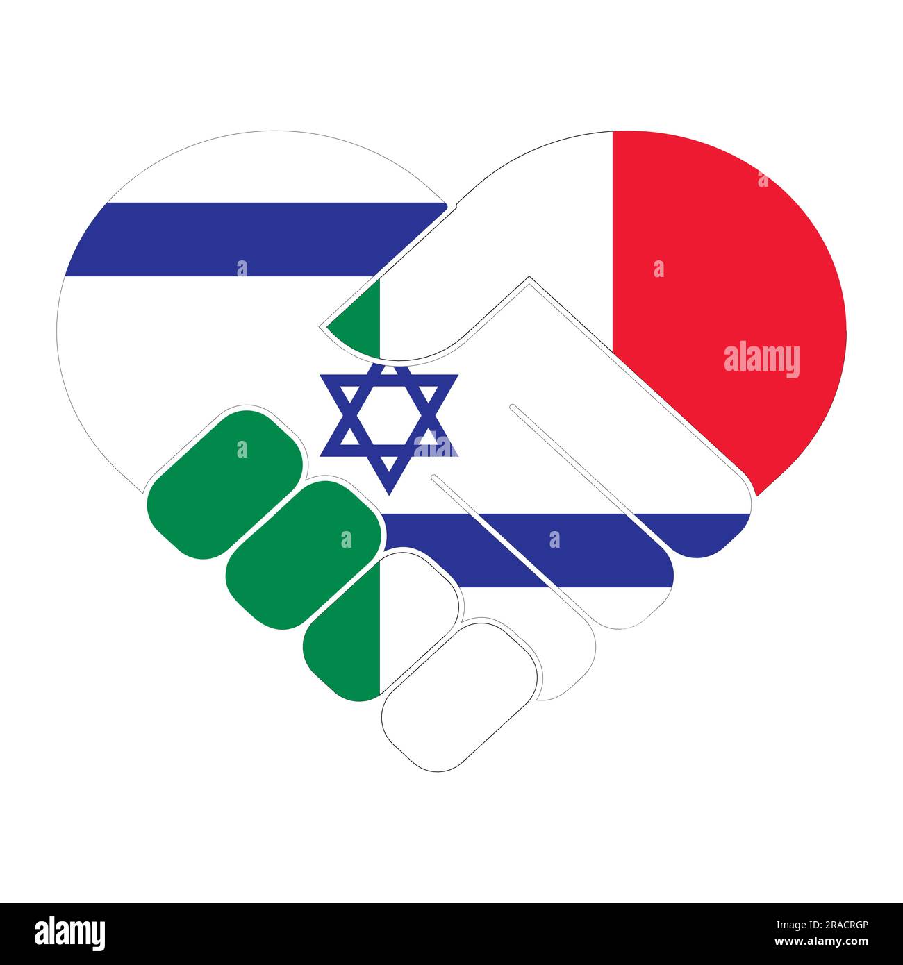 Symbole de poignée de main aux couleurs des drapeaux nationaux de l'Italie et d'Israël, formant un coeur. Le concept de paix, d'amitié. Illustration de Vecteur