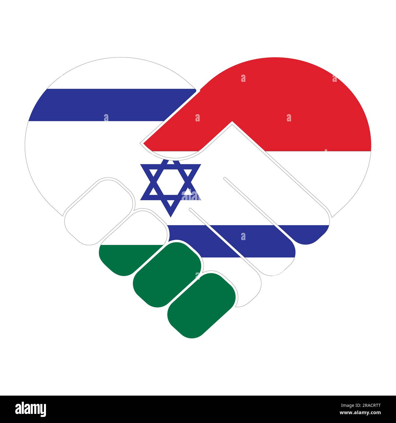 Symbole de poignée de main aux couleurs des drapeaux nationaux de la Hongrie et d'Israël, formant un coeur. Le concept de paix, d'amitié. Illustration de Vecteur