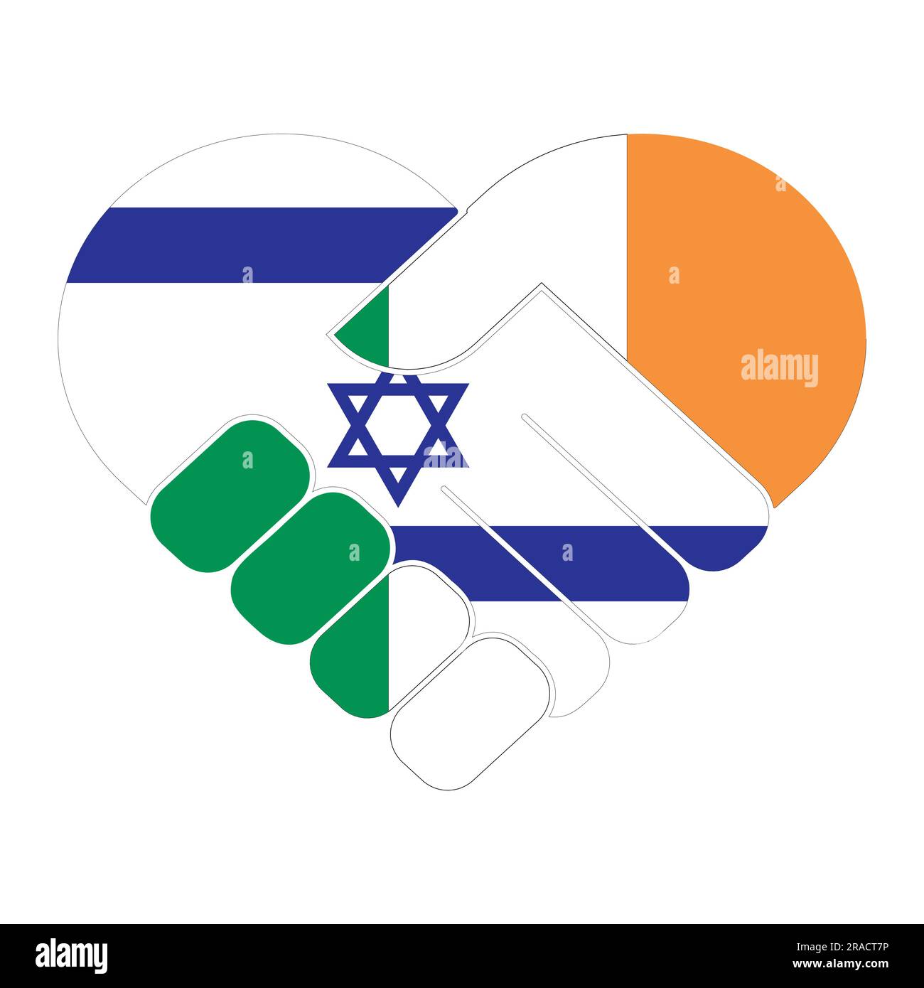 Symbole de poignée de main aux couleurs des drapeaux nationaux de l'Irlande et d'Israël, formant un coeur. Le concept de paix, d'amitié. Illustration de Vecteur