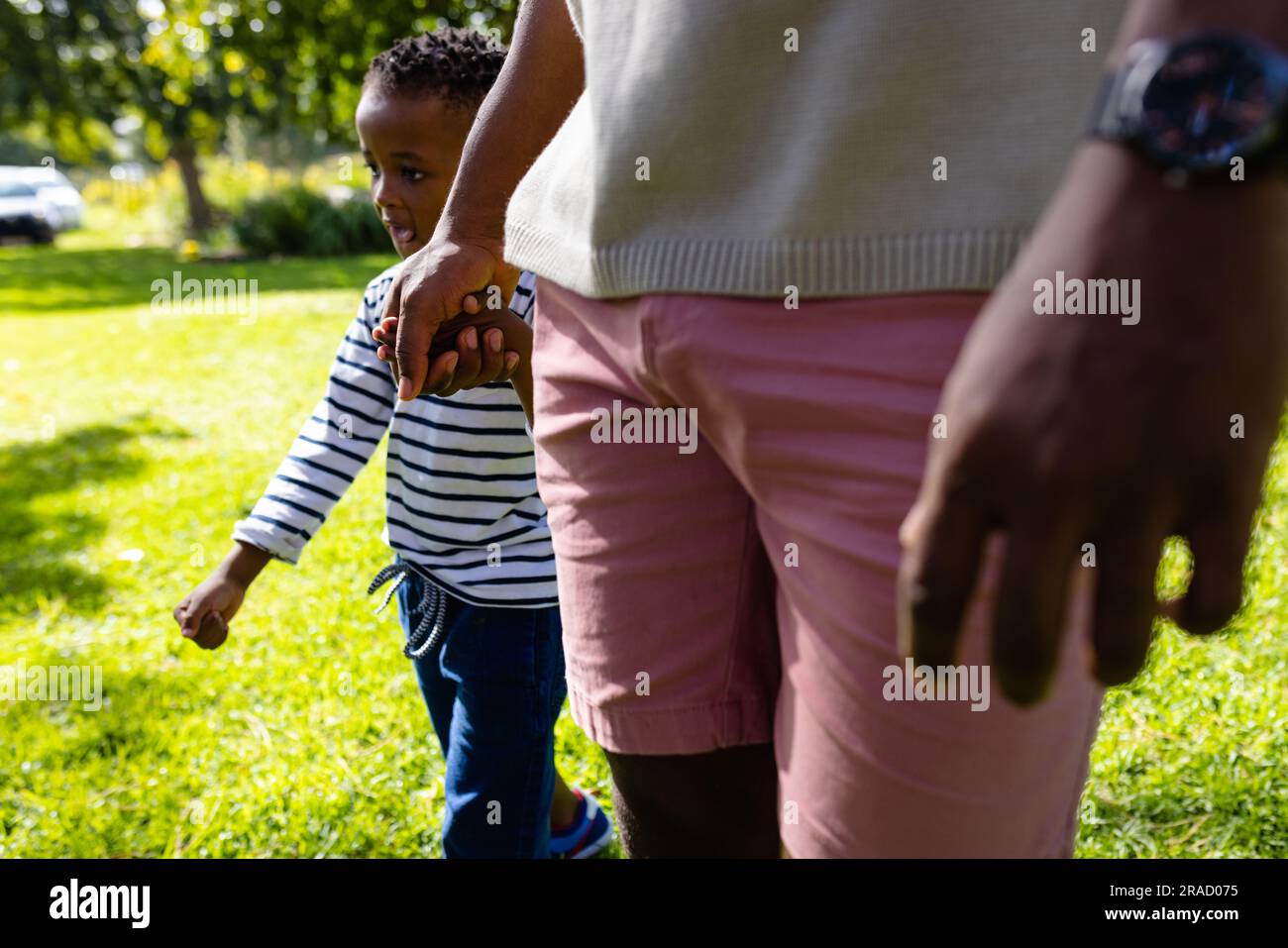 Section médiane d'un père afro-américain tenant la main de son fils et marchant dans le parc Banque D'Images