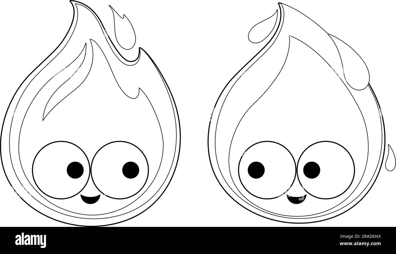 Personnages de dessin animé de feu et d'eau. Page de couleur noire et ...