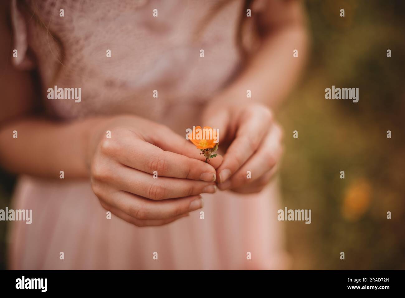 Fille tenant une fleur d'orange Banque D'Images