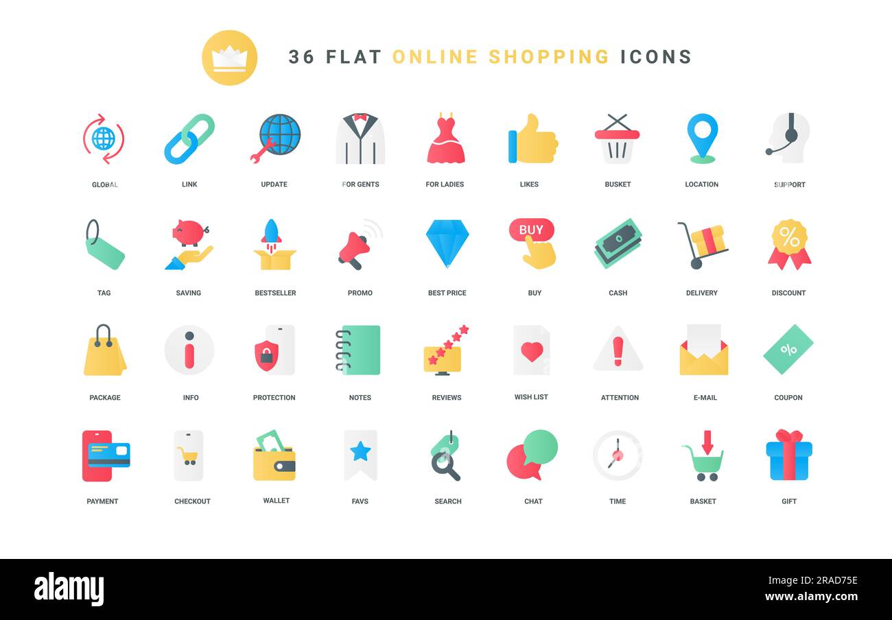 Coupon pour cadeaux et étiquettes de rabais, protection et soutien d'épargne d'argent, banque de piggy pour le paiement, recherche d'informations pour la liste de souhaits. Boutique en ligne, commerce tendance plat icônes ensemble illustration vectorielle Illustration de Vecteur