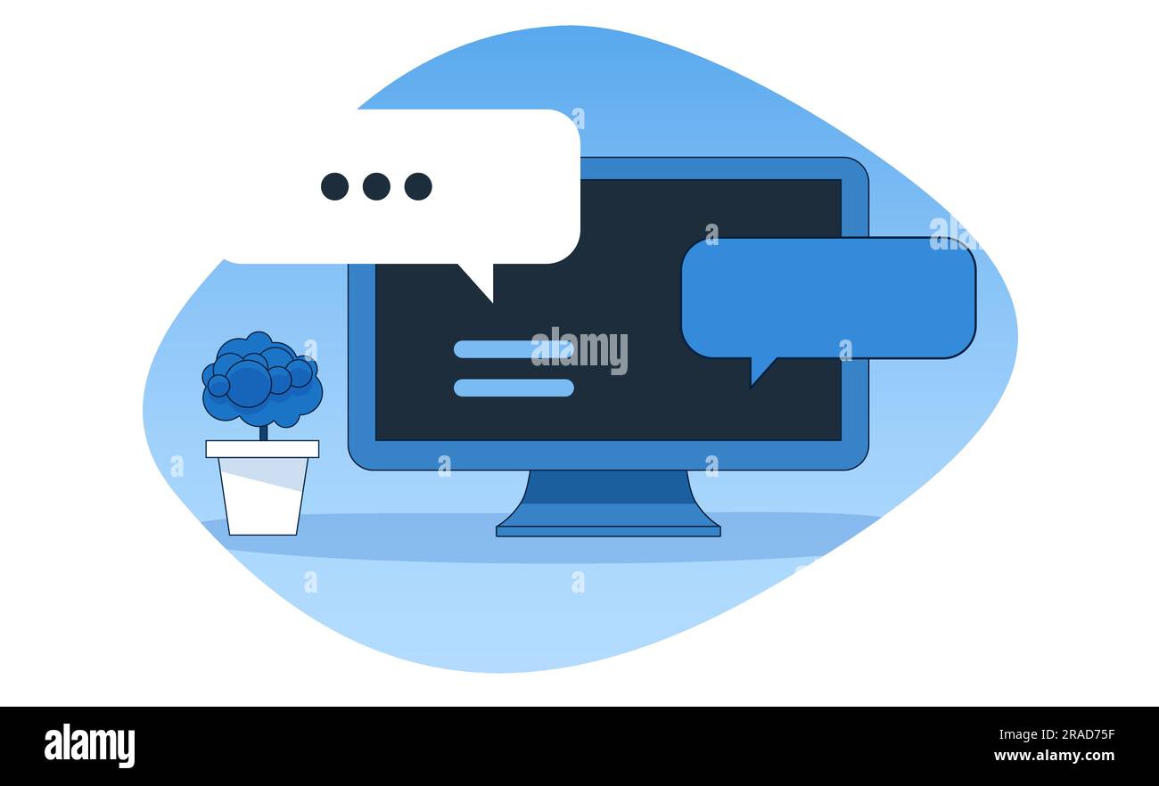 Chat bot concept. Bureau avec bulles de chat. Style de contour simple. Illustration vectorielle. Illustration de Vecteur