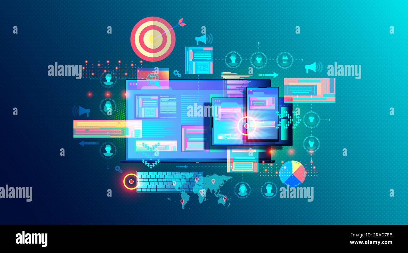 Segmentation de la publicité sur les écrans numériques - diffusion de publicités sur les appareils numériques à différents publics cibles - Illustration conceptuelle Banque D'Images