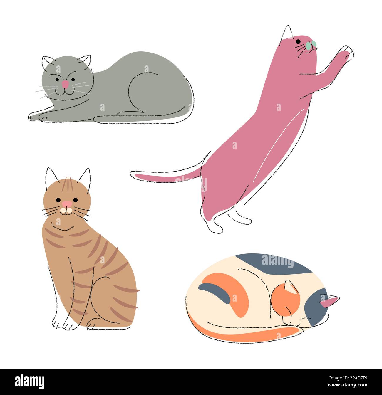 Ensemble de races de chats 4 . Forme plate et dessin ligne crayon . Vecteur . Illustration de Vecteur