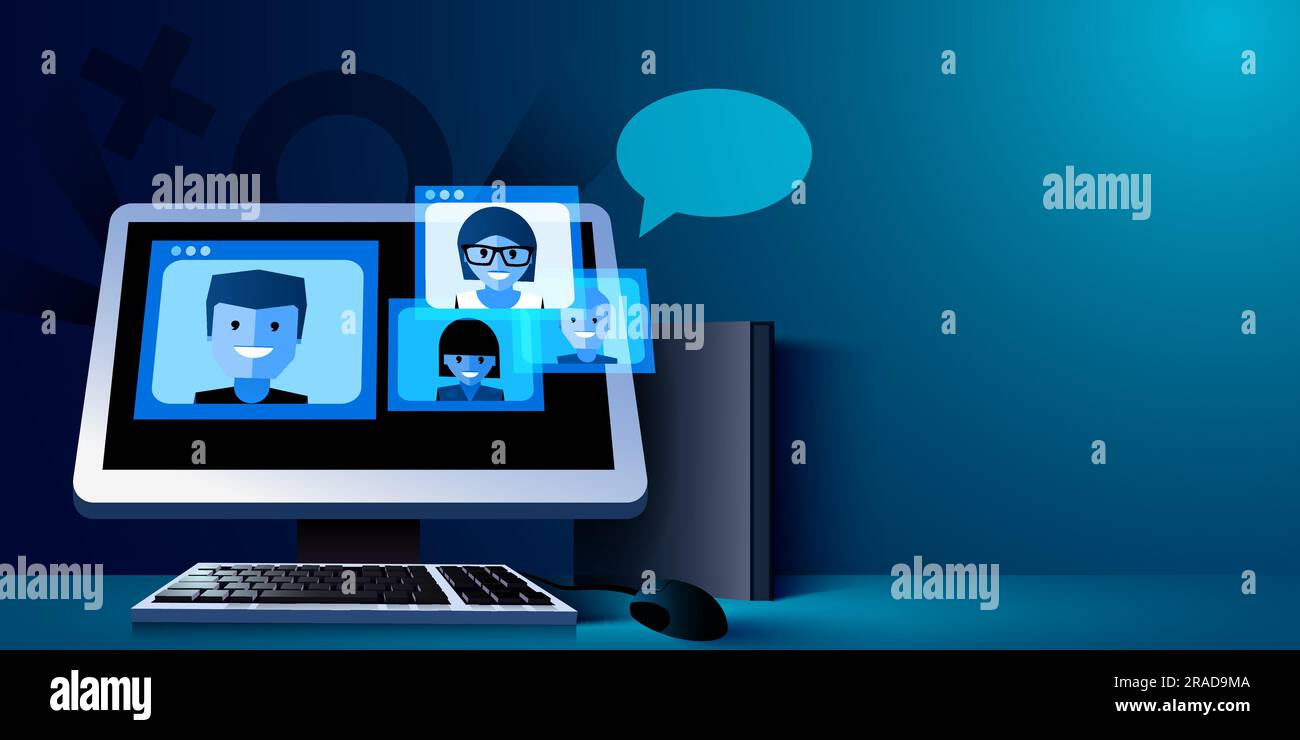 Formation en ligne, visioconférence et enseignement à distance. Ordinateur avec appel vidéo. Page d'accueil Illustration de Vecteur