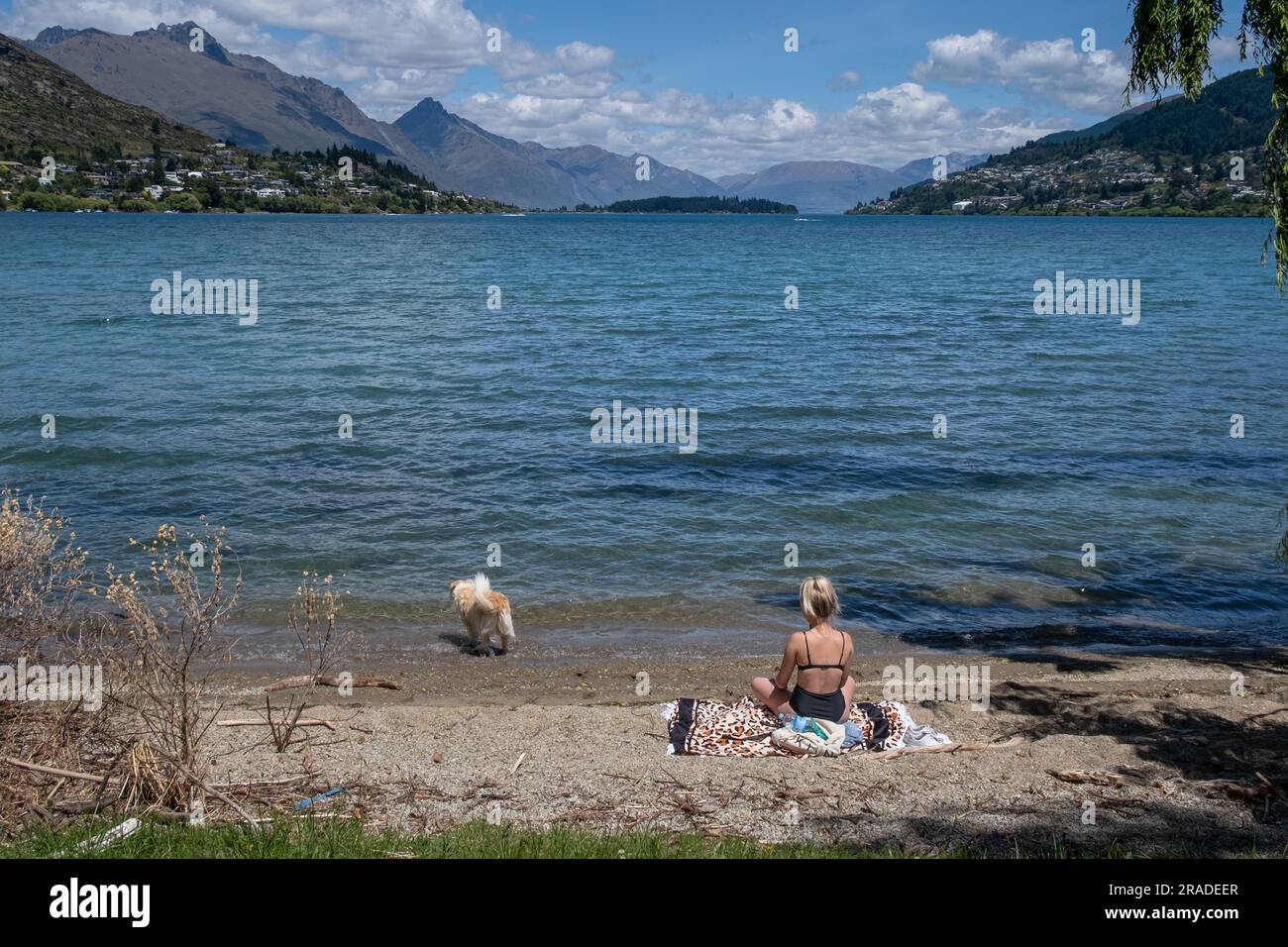 Une femme en train de bronzer avec un chien sur la plage de Frankton surplombant le lac Wakatipu près de Queenstown dans l'île du Sud de la Nouvelle-Zélande. Photo : Rob Watkins Banque D'Images