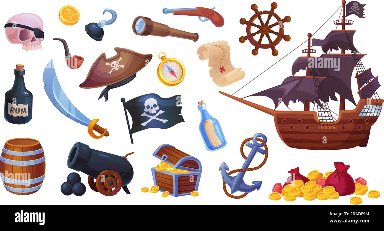 Objets d'aventure pirate. Pirates accessoires de dessin animé, équipement de navire pour jeu aventurier, Trésor coffre carte mer ancre vieux capitaine chapeau canon bombe, illustration de vecteur ingénieux de l'accessoire de dessin animé Illustration de Vecteur