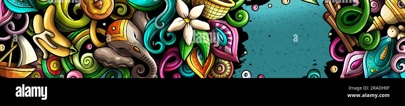 Bannière Inde tirée à la main.Prospectus détaillé de dessin animé.Identité indienne avec objets et symboles.Arrière-plan des éléments de conception à vecteur de couleur Illustration de Vecteur