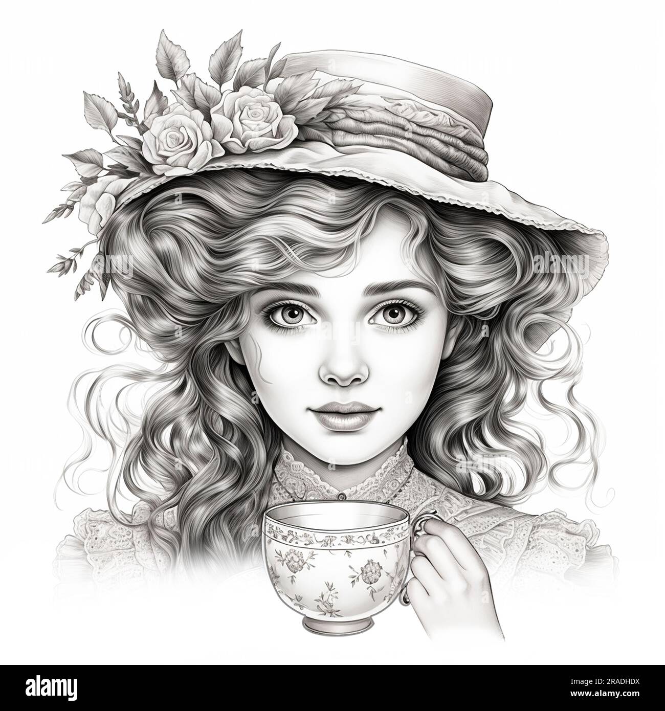 Femme élégante dessinée à la main avec une tasse avec une boisson chaude et apprécie le délicieux arôme de la vapeur. Page à motifs pour livre à colorier. Isolé sur blanc Banque D'Images