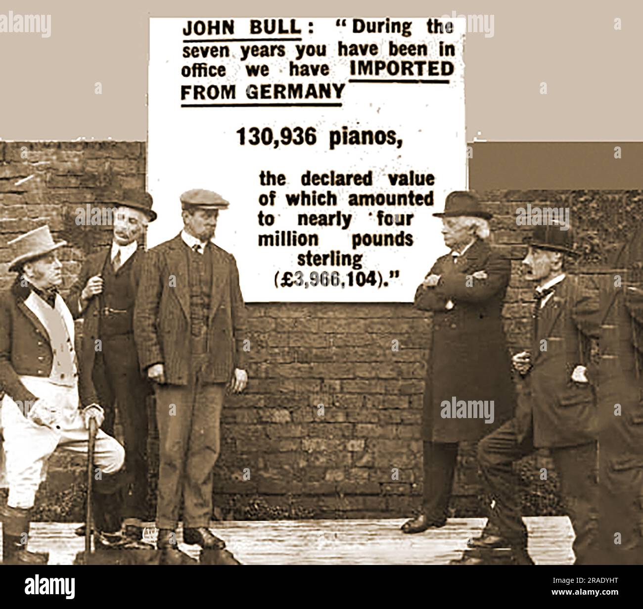 Affiche photographique de protestation politique de 1913 John Bull - importation de pianos en provenance d'Allemagne Banque D'Images