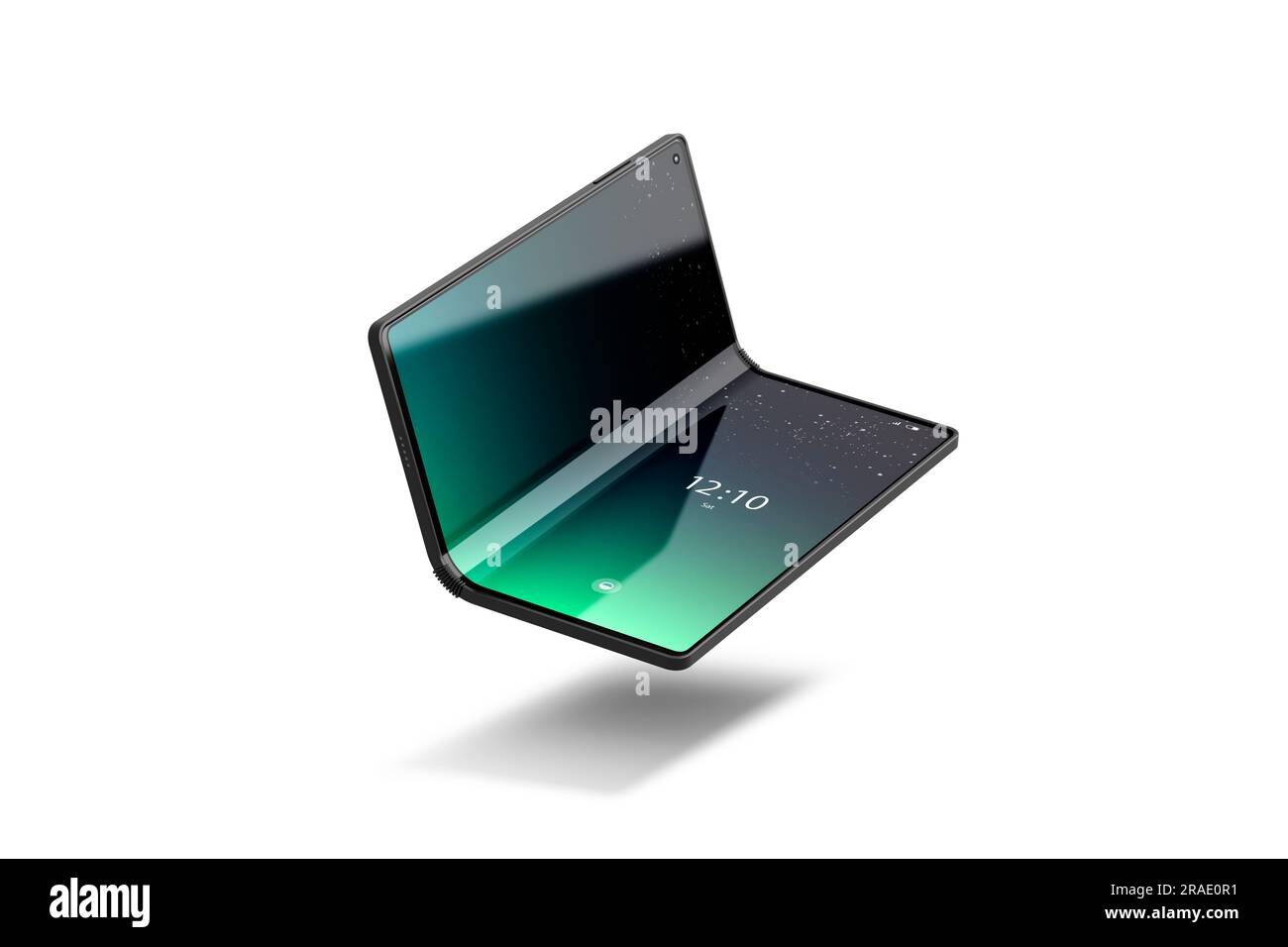 Vide activé sur l'affichage flexible du téléphone livre ouvert maquette, isolé, rendu 3D. Montre-montre à livre élastique vide avec écran de démarrage. Supprimer la moitié Banque D'Images