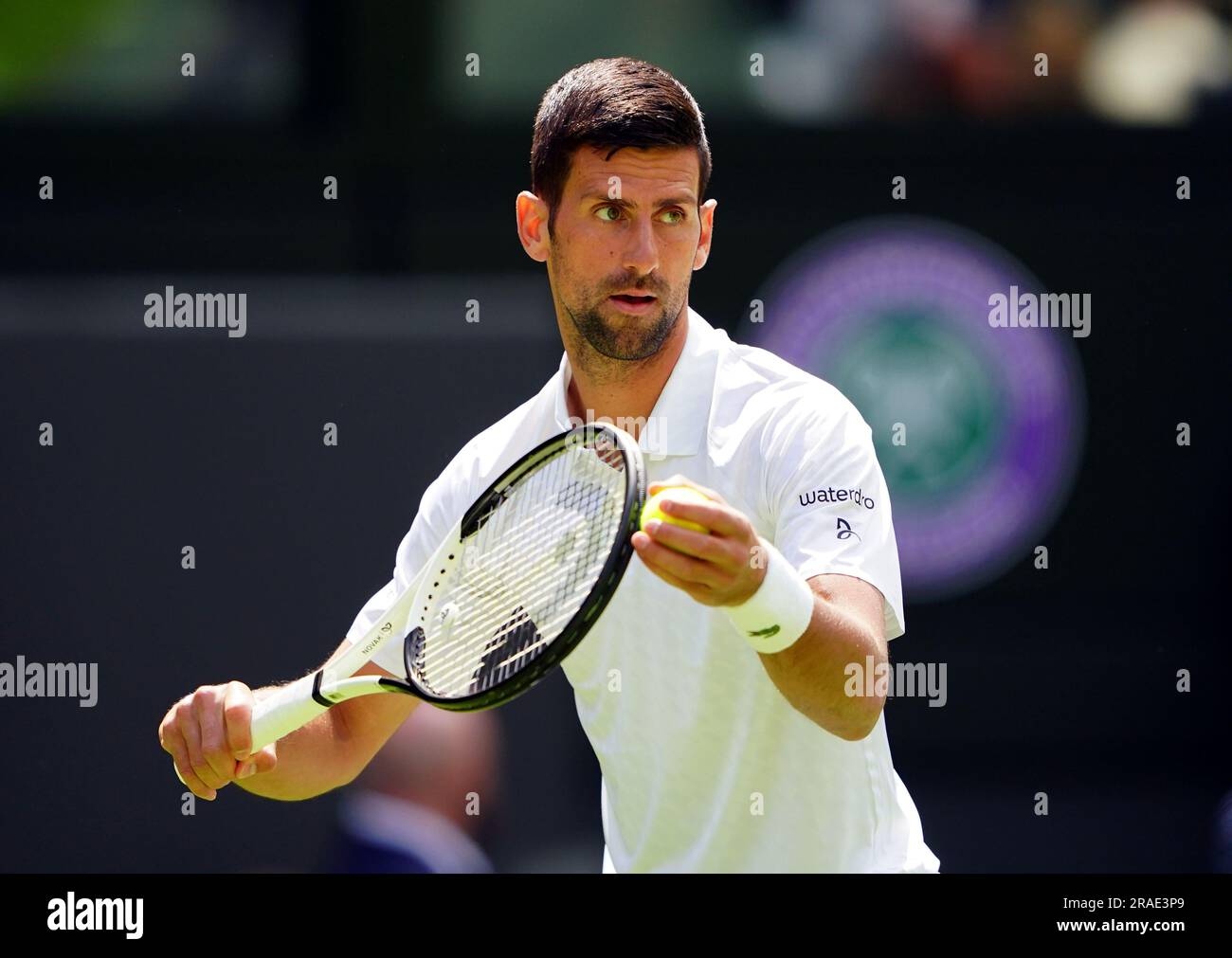 Novak Djokovic en action contre Pedro Cachin (non représenté) le premier jour des Championnats de Wimbledon 2023 au All England Lawn tennis and Croquet Club à Wimbledon. Date de la photo: Lundi 3 juillet 2023. Banque D'Images Novak Djokovic en action contre Pedro Cachin (non représenté) le premier jour des Championnats de Wimbledon 2023 au All England Lawn tennis and Croquet Club à Wimbledon. Date de la photo: Lundi 3 juillet 2023. Banque D'Images